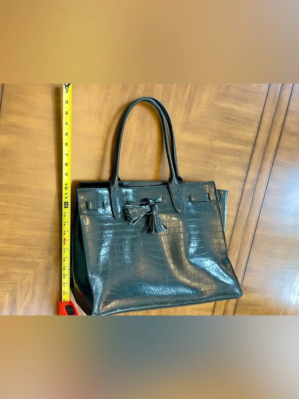 Bueno Black Croc-Embossed Tote with Tassel Accent